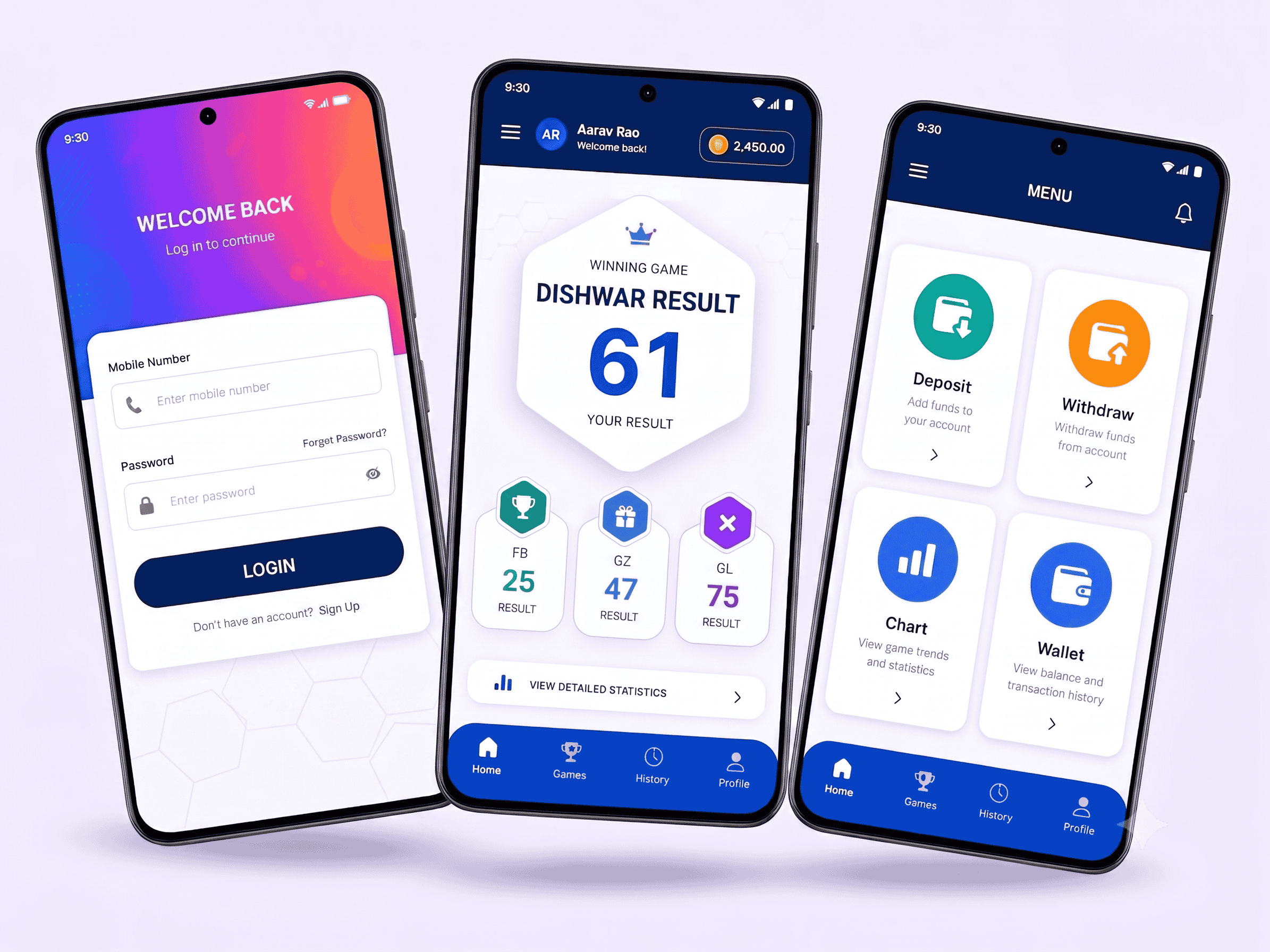 SG Company app ke screen — login, result dashboard aur wallet menu
